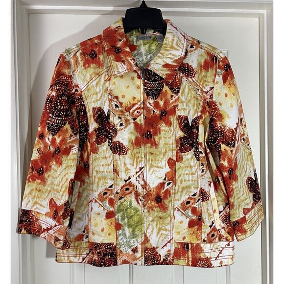 Chico's Full Zip Jacket Womens Size 2 US Medium Orange Floral Print Collared - Picture 4 of 12